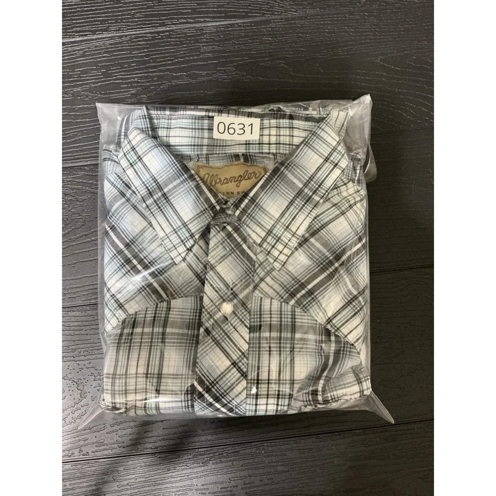 Wrangler Mens Large Western Pearl Snap Shirt Plaid Gray Black Long Sleeve Cowboy